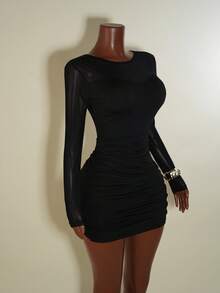 Franclia Fashionable Business Round Neck Long Sleeve Mesh Patchwork Backless Women Dress - Black - View 6