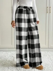 SHEIN Tall Women's Tie-Waist Fluffy Plaid Print Casual Wide Leg Baggy Pants Black And White Plaid Pants Wide Leg Pants Striped Palazzo Pants Wide Leg Striped Pants Palazzo Pants Women Fall Winter Thickened Pants
