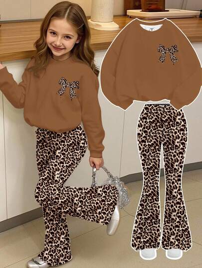 SHEIN Leap Crew Vintage Sweet Leopard Bow Print Cream Coffee Tween Girl Knit Crew Neck Letter Graphic Loose Sweatshirt And Flare Leg Pants 2 Piece Set, Streetwear Vibe, Casual Campus Sports Style, Outdoor Picnic, Outing, Street Style, Home, Campus
