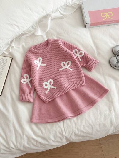 时尚休闲甜美可爱蝴蝶结3D刺绣套头毛衣，适合年轻女孩，毛衣和裙子套装