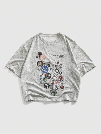 Grunge Punk Men's Letter & Portrait Graphic Street Style Round Neck Short Sleeve T-Shirt