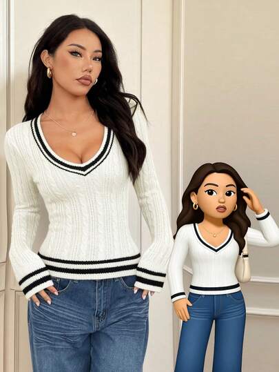 SHEIN PETITE Damtröja med lång ärm och lapptäcke i enfärgad färg för höst/vinter