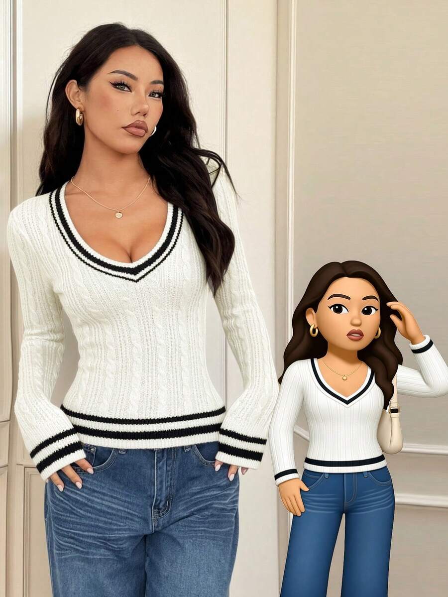 SHEIN PETITE Women's Solid Color Patchwork V-Neck Long Sleeve Casual Sweater In Fall/Winter - White - View 1