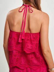 CAJUNI Blusa de verano para mujer con cuello halter, bordado, calado y volantes - Rosa Fucsia - Ver 6