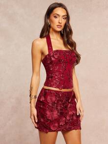 Silquee Elegant Burgundy Floral-Embroidered Mini Skirt For Women,Autumn 3D Flower Design Party Attire For Wedding Guest,Christmas,Valentine's Day Gowns - Burgundy - View 5