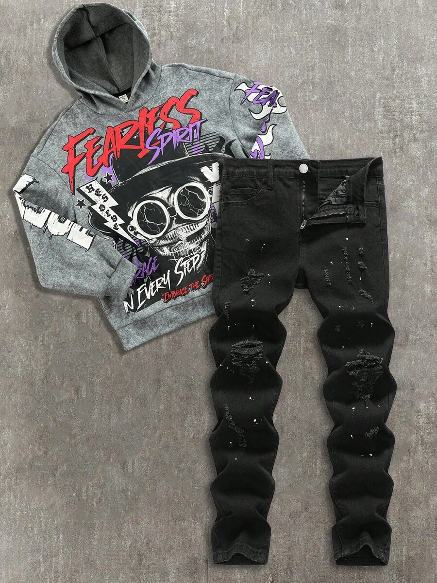 SHEIN Tween Boy Fashion Casual Y2k Vintage Cool Street Cut Out Ripped Frayed Lacquer Dots Black Denim Perforated Stretch Skinny Jeans For Dailywear And Spring And Summer Rave Festival And Streetwear - Black - View 1