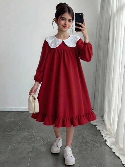 SHEIN Tween Girl Corduroy Patchwork Lace Peter Pan Collar Long Sleeve Dress, Long Sleeve Fitted Casual Cake A-Line Dress, Autumn Winter New Arrival, Daily Wear, School, Autumn & Winter, Pairing White Shirt, Back To School Season.College Style, For Christmas, Girls Winter Clothes, Christmas Clothes, Party Wear, Daily Wear School Daily, Birthday Clothes, Princess Clothes, Mom And Daughter & Sisters Matching, For Halloween.Red Dress.