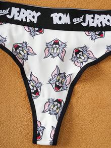 TOM & JERRY X SHEIN 2pcs Women's Black & White Cartoon Printed Contrast Letter Tape Sexy Thong ,Underwear Cute,Soft & Comfortable, Cute,Kawaii,Sweet, Cartoon Underwear For Women Women Thong Underwear Cartoon Thong Printed Thong Women Thong - Black and White - View 4