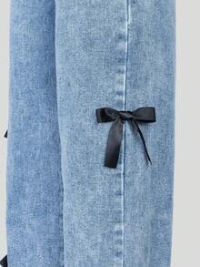 SHEIN ChillGRL 女童 Y2K 风格休闲直筒牛仔裤，带侧蝴蝶结装饰，适合所有季节