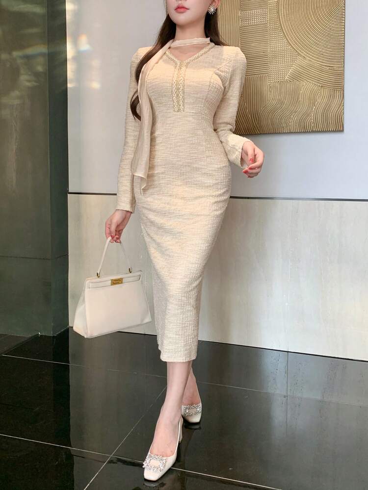 Elegant Textured Tie Collar Fitted Midi Dress, Suitable For New Year, Christmas, Wedding, Party, Formal Occasions, Autumn/Winter