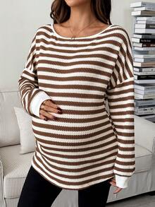 SHEIN Maternity Casual Striped Asymmetric Collar T-Shirt, Autumn - Brown - View 7