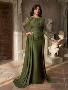 Aureia Plus-Size Elegant Olive Green Winter Formal Evening Formal Dress,Luxurious Sequined Satin Round Collar Gathered Waist Slim Fit Fishtail Hem,Draped - Green - View 6
