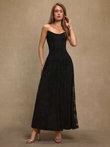SHEIN BAE Schwarzes ärmelloses Spitzenkleid mit V-Ausschnitt, Taillenschlitz und Raffung für Damen, geeignet für Cocktailpartys, romantische Dates, Herbst-/Winterschichten, Zusammenkünfte, Partys, Nachtclubs, Halloween, Weihnachten - Schwarz - Übersicht 4