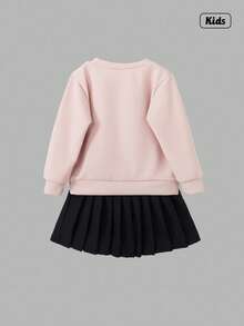 Sweetra 2pcs/Set Young Girl Casual Cute Knit Sweatshirt Set, Long Sleeve Bow Top & Black Pleated Skirt, Suitable For Holiday, Autumn - Pink - View 2