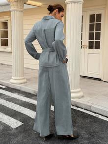 DAZY Bộ đồ denim giản dị 2 món cho nữ, áo sơ mi dài tay buộc dây bên hông và quần ống rộng, thích hợp cho đi nghỉ dưỡng và giải trí đô thị - Rửa nhẹ - Xem 3