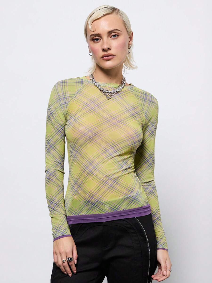 COUREZ 长袖格纹网纱上衣 / Y2K 冬季外出穿搭 性感外出穿搭 夜间外出穿搭 性感 - 黃色 - 查看 1