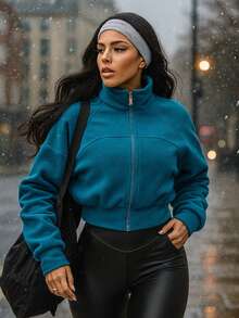 Innovista Sudadera deportiva casual con cremallera frontal de tela suave y acolchada en color verde azulado, de manga larga, para mujer. Prenda cómoda y versátil para actividades al aire libre, deportes, entrenamiento HIIT y uso diario.