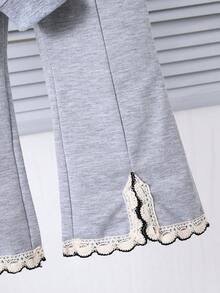 少女甜美可爱长袖彼得潘领卫衣搭配杏色喇叭裤套装，时尚简约通勤秋冬 - 灰色 - 查看 6