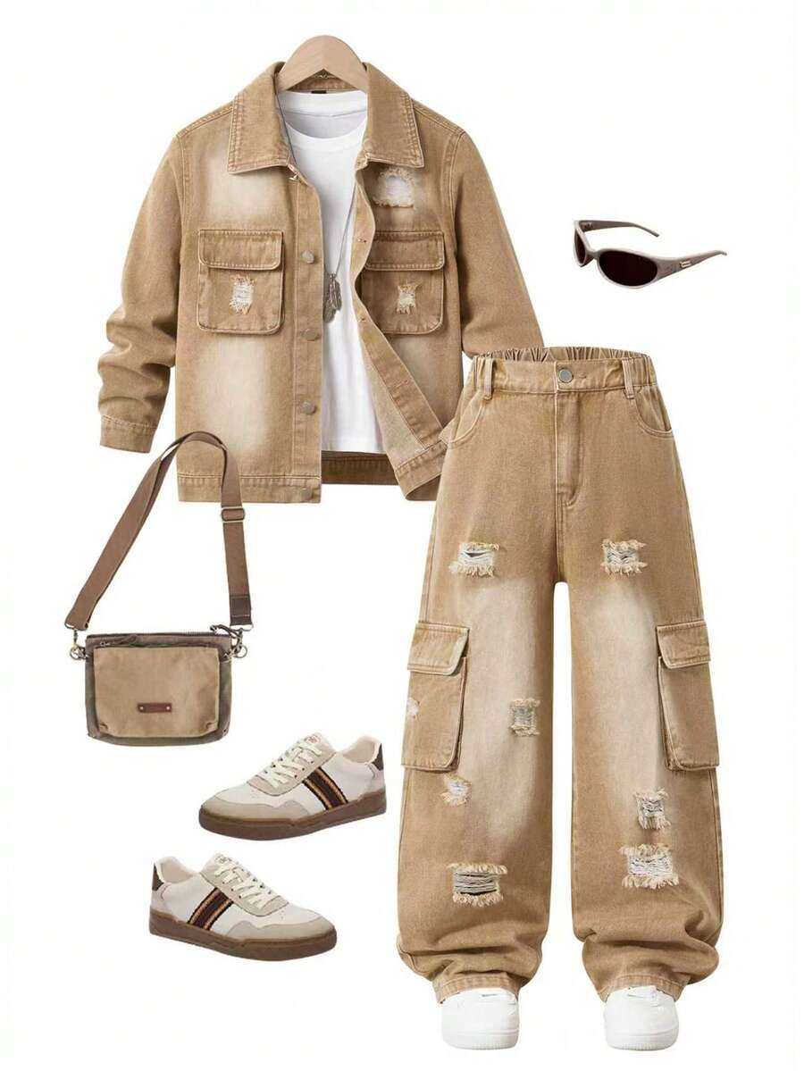 SHEIN Streecool Kids Tween Boys Fashion Casual Versatile Cargo Multi-Pocket Distressed Denim Set Chic Outfits For Autumn/Winter