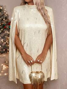 Cravure Plus Size Women Solid Color Sequin Cloak Elegant Fashion Dress