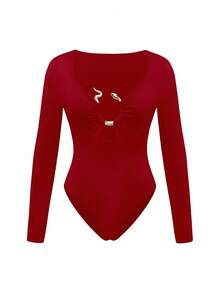 Maweii Plus Size Women's Christmas Red Solid Color Ring Decor Sexy Bodysuit