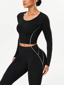 Eassivo Camiseta corta de manga larga sin costuras para mujer, a rayas blancas - Blanco y Negro - Ver 1