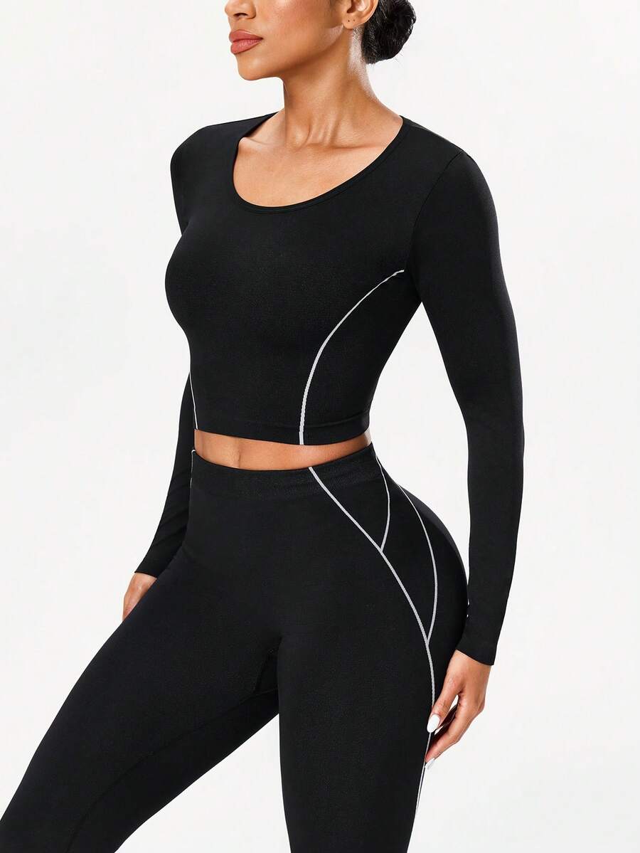 Eassivo Camiseta corta de manga larga sin costuras para mujer, a rayas blancas - Blanco y Negro - Ver 1