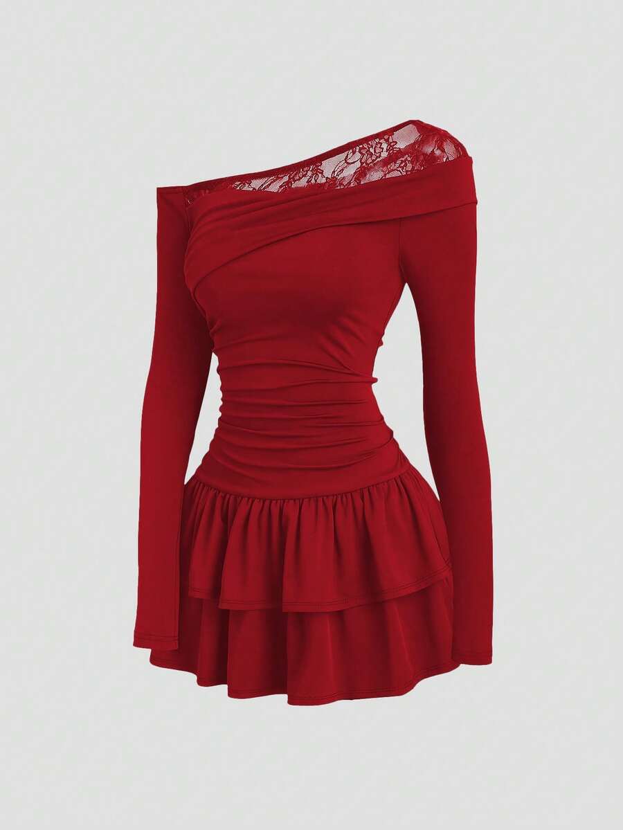 Sweetra New Fashion Lace Patchwork Oblique Shoulder Elegant Commuting Daily Wear Cinched Waist Ruffle Hem Mini Dress For Women - Rose Red - View 1