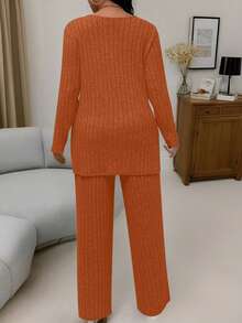 SHEIN LUNE Bộ đồ 2 món thường ngày cổ chữ V tay dài có gân dành cho nữ cỡ lớn - trái cam - Xem 2