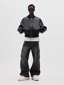 SUMWON Sparkle Rhinestone Extreme Wide Leg Cargo Jeans With Celestial Star Print Design For Festival Party Club - Grey - View 4