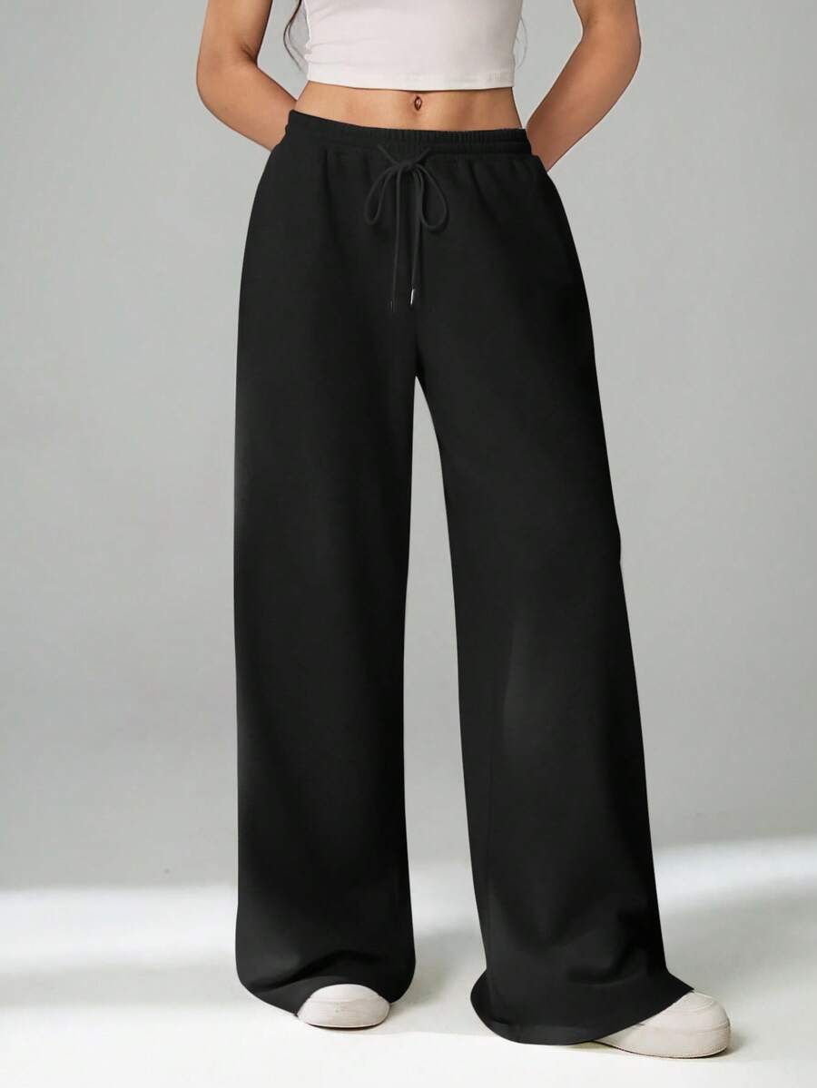 SHEIN Tall Spring And Summer New Casual And Versatile Slim Low-Waist Elastic Waistband Loose Wide-Leg Sweatpants Baggy - Black - View 1