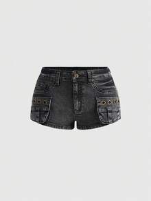 ROMWE J-Fashion Super Low Waist Distressed Studded Denim Shorts For Women, Vintage Streetwear Style