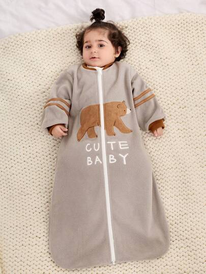 Cozy Pixies 1-Piece Baby Warm Velvet Embroidered Brown Bear Long-Sleeved Sleeping Bag, Suitable For Autumn And Winter Wear