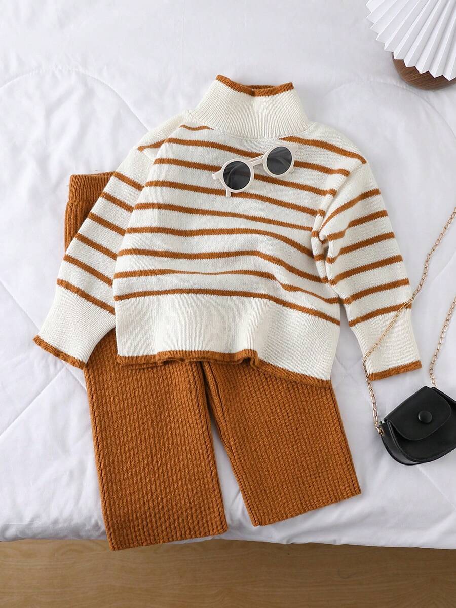 Young Girl' Thick Knit Turtleneck Sweater And Pants Set, Autumn/Winter - Brown - View 1
