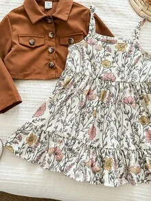 LMoss Kids Babygirl Ditsy 花卉休闲吊带连衣裙和棕色夹克两件套 - 彩色 - 查看 5