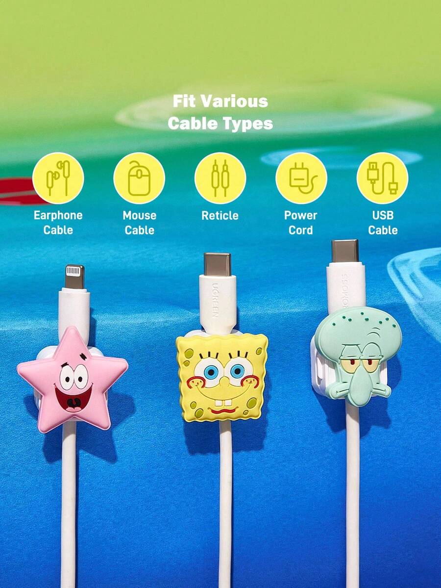 SpongeBob SquarePants | SHEIN 3 Pcs Cute Cartoon Shape Magnetic Data Cable Organizer, Desktop Phone Charging Cable Holder, Card Holder, Cable Organizer - Multicolor - View 1