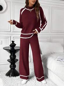 SHEIN LUNE Bộ 2 áo len màu tương phản rộng rãi thoải mái cho nữ - Màu Đỏ Sâu - Xem 7
