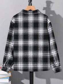 SHEIN 男童宽松休闲翻领格子落肩衬衫，黑色长袖上衣，适合秋冬季穿着。