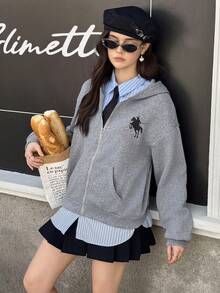 青少年女孩休閒拉鍊連帽外套，秋冬款，抓絨內裡，保暖 - 灰色 - 查看 4
