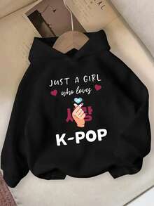 少女秋冬舒适休闲时尚创意个性化清新简约别致卫衣，印有手势和标语图案，穿着舒适 - 黑色 - 查看 4