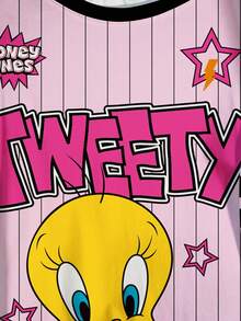 LOONEY TUNES X SHEIN 大码夏季休闲条纹字母和卡通图案短袖T恤 - 白色 - 查看 4