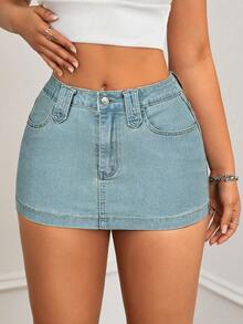 SHEIN ICON Chân váy bút chì denim giặt có túi thường ngày dành cho nữ - Rửa nhẹ - Xem 4