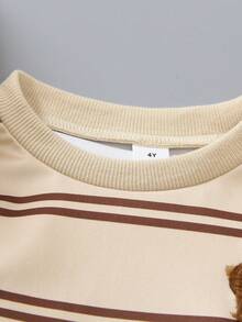 SHEIN 小男孩休閒白色藍色長袖衛衣褲子套裝熊刺繡秋季開學服裝日常玩耍生日 - 棕色 - 查看 6