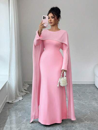 Elenzga Women's 2025 Autumn/Winter New Elegant Long Dress With Delicate Pearl Decoration