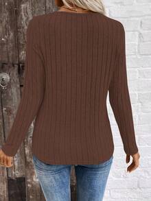 SHEIN LUNE LUNE V领拉绒罗纹女上衣，跨境电商秋冬新品 - 棕色 - 查看 2