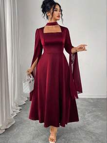 Elenzga Váy thắt eo bằng vải satin và chiffon cao cấp mới thanh lịch, cỡ lớn - Màu Đỏ Sâu - Xem 5