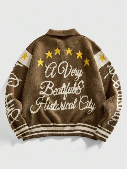 Men's Stand Collar Letter Jacquard Zip-Up Cardigan