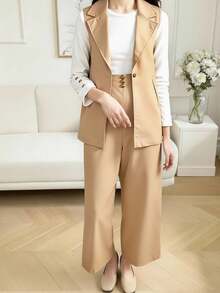 3 件套青少年女孩通勤优雅装：黑色无袖西装外套、白色 T 恤、黑色裤子