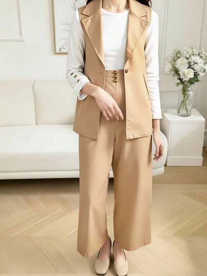 SHEIN 3pcs/Set Teen Girls Commuter Elegant Outfit: Black Sleeveless Blazer, White T-Shirt, Black Pants