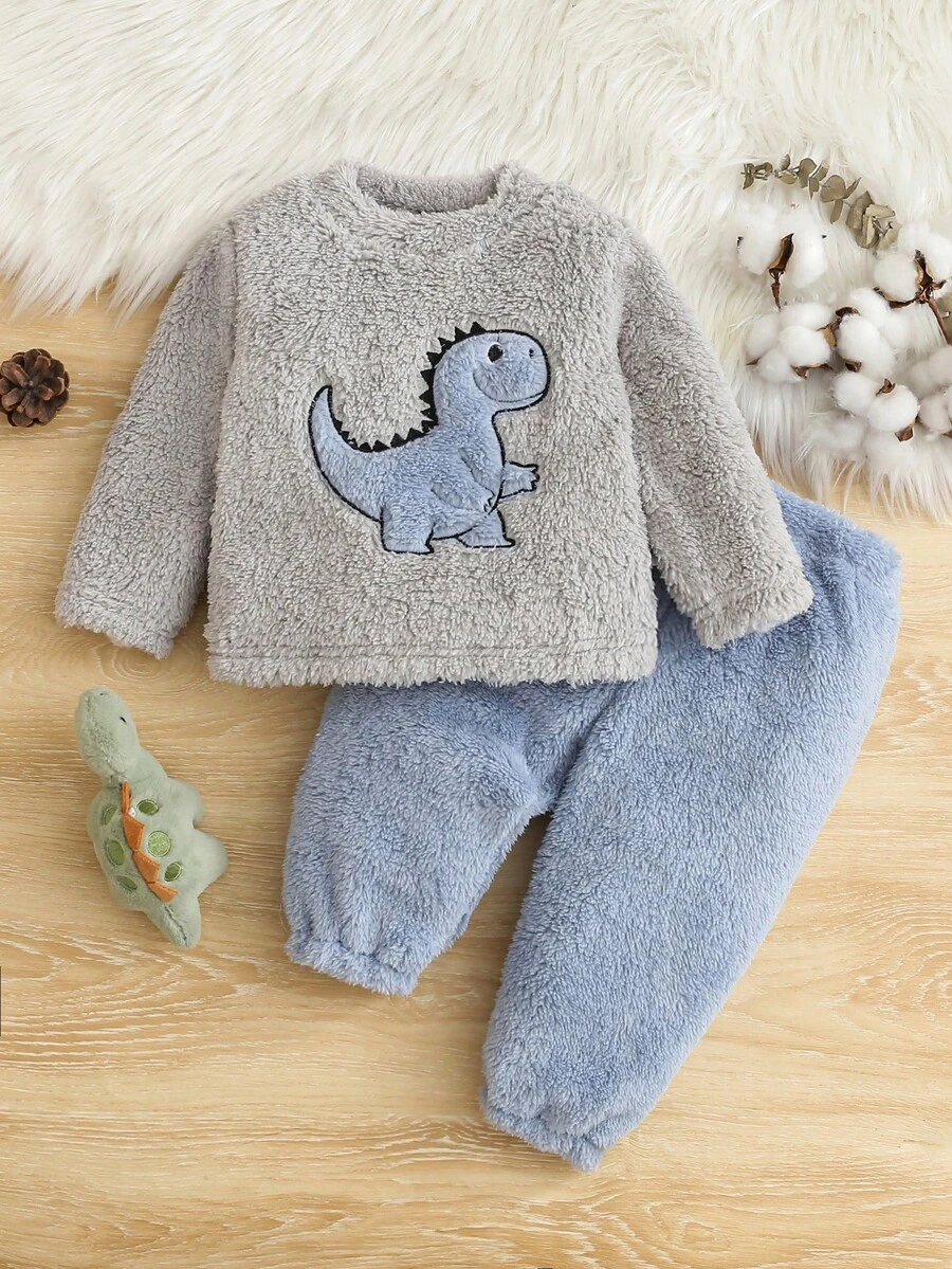 Baby BoyAutumn/Winter Reversible Fleece Pajama Set, Cute Cartoon Dinosaur Embroidery Casual Long Sleeve Top And Pants Loungewear - Blue - View 1